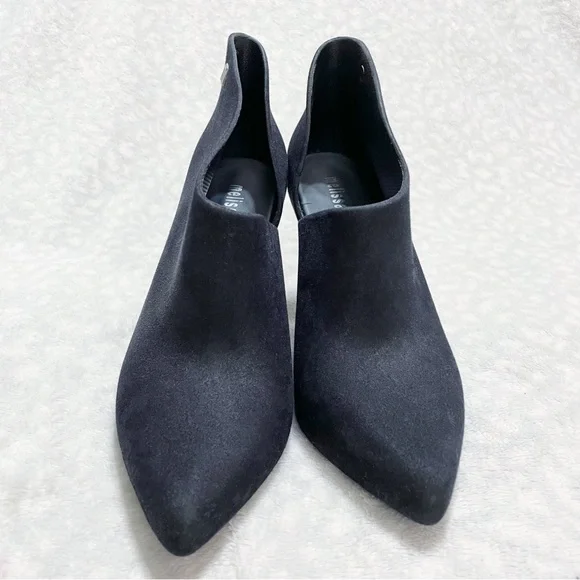 Melissa Black Bootie Drama Flocked Velvet Pointed Toe Heel Ankle Boot Fuzzy - Picture 3 of 12